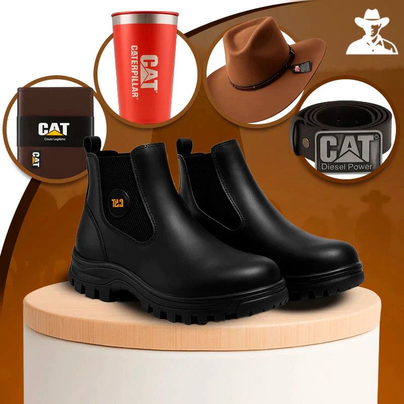 Kit Caterpillar - Bota Masculina em Couro Legítimo e Palmilha Ortopédica + Brindes Exclusivos