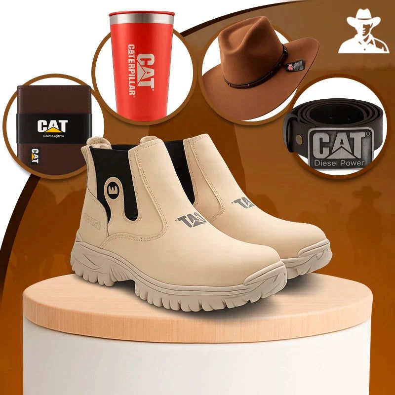 Kit Caterpillar - Bota Masculina em Couro Legítimo e Palmilha Ortopédica + Brindes Exclusivos